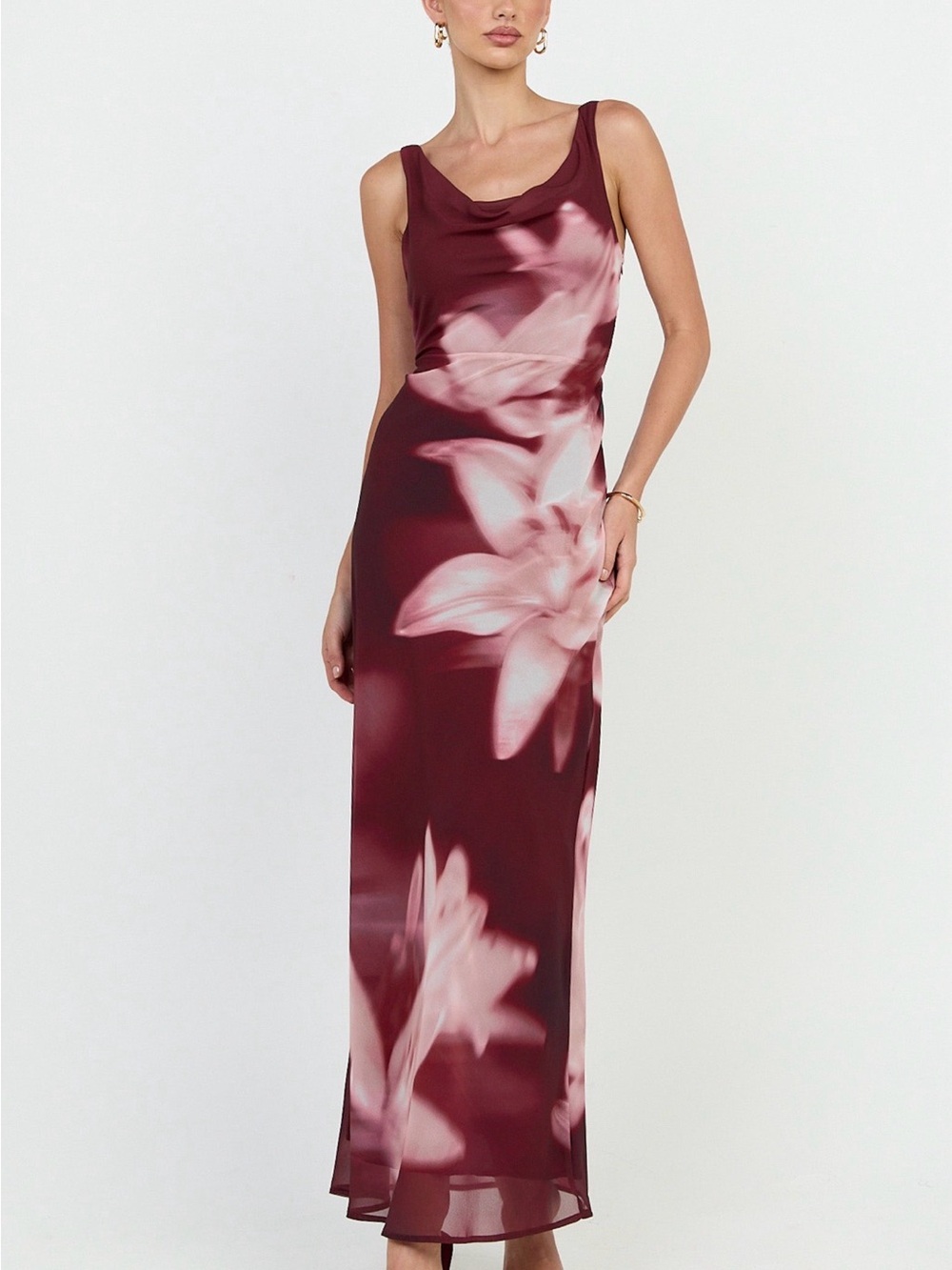 NWT Burgundy Floral Cowl Scoop Back Slip Dress
